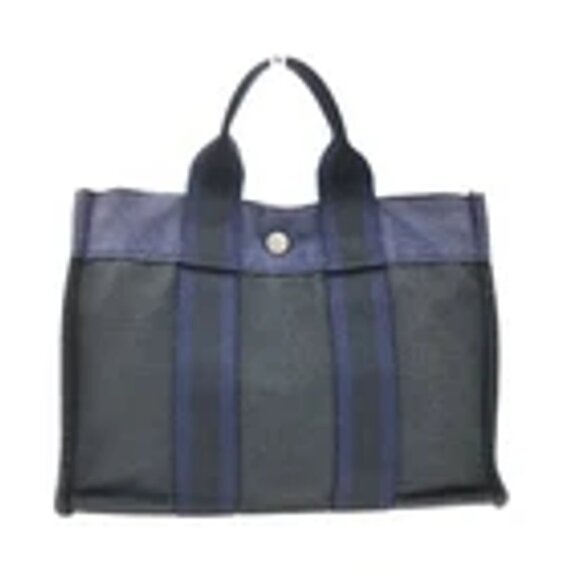 HERMES Logo Fourre Tour PM Hand Tote Bag Canvas Blue Black SHW France 09EF157 - Picture 1 of 14